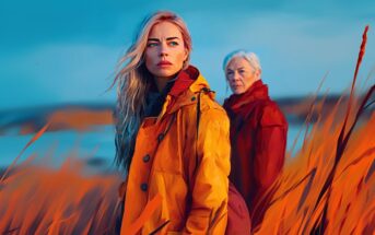 Two women, one younger with long blonde hair and one older with short gray hair, stand in a field of tall orange grass, both wearing bright coats. A tranquil blue sky and distant water are in the background.