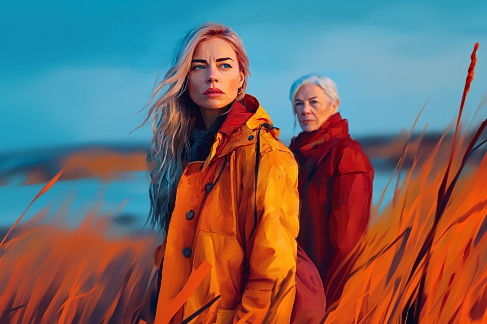 Two women, one younger with long blonde hair and one older with short gray hair, stand in a field of tall orange grass, both wearing bright coats. A tranquil blue sky and distant water are in the background.