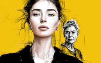 A digital illustration of a young woman with dark hair and earrings in the foreground, and an older woman with short gray hair in the background, both set against a bright yellow backdrop.