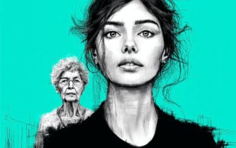 A digital sketch shows a young woman with dark hair in the foreground and an elderly woman with glasses in the background, both against a bright turquoise background.