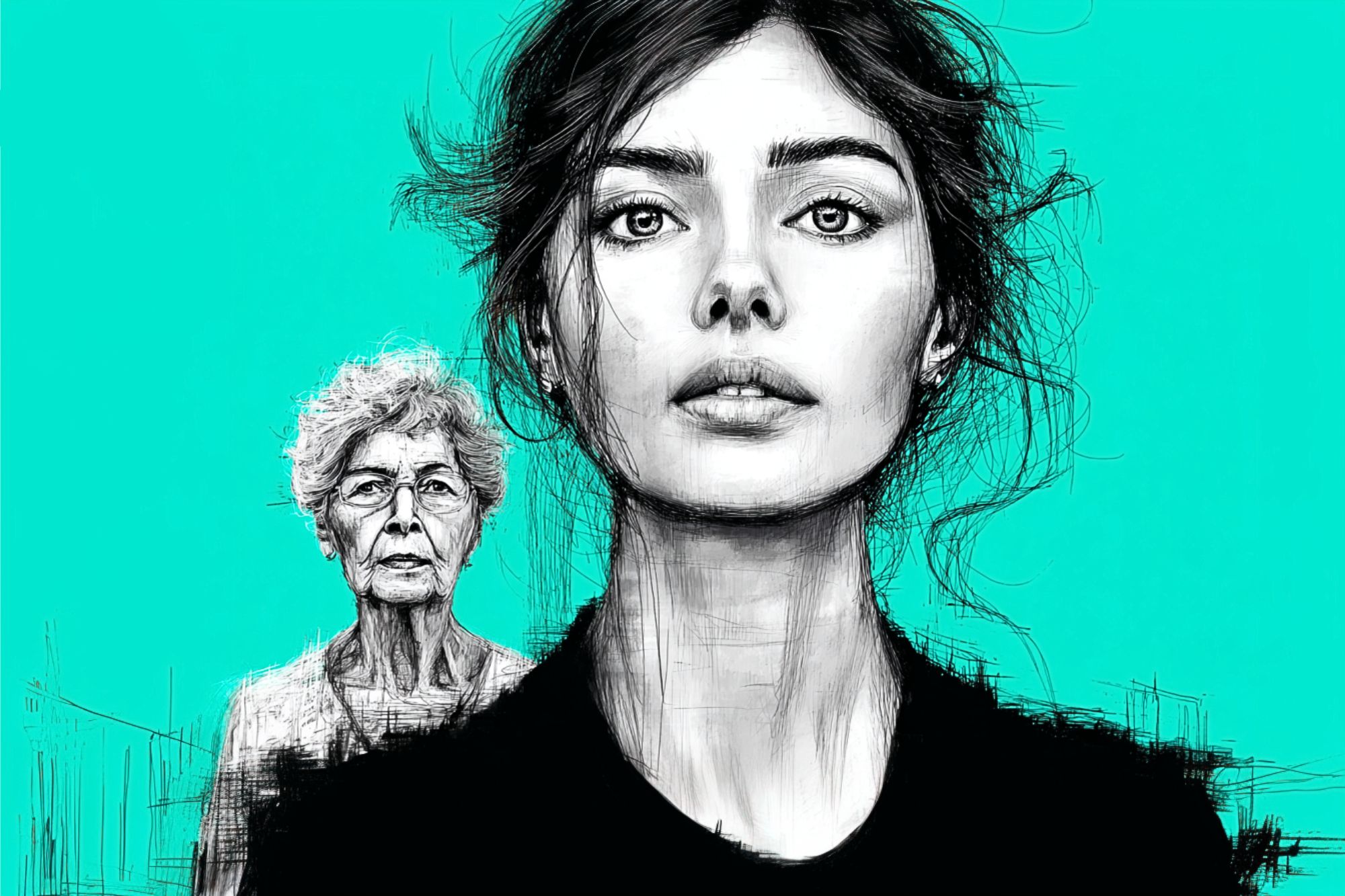 A digital sketch shows a young woman with dark hair in the foreground and an elderly woman with glasses in the background, both against a bright turquoise background.