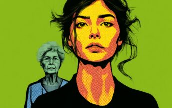 A colorful pop-art illustration of a young woman in the foreground with an older woman appearing as a muted, grey-toned sketch in the background.