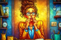 A worried woman with glasses and messy hair sits at a cluttered desk, nervously biting her nails. The background is colorful and vibrant, with clocks, books, and papers scattered around, suggesting stress or anxiety.