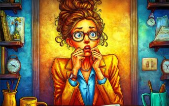 A worried woman with glasses and messy hair sits at a cluttered desk, nervously biting her nails. The background is colorful and vibrant, with clocks, books, and papers scattered around, suggesting stress or anxiety.