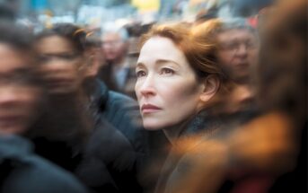 A woman with light skin and auburn hair looks upward with a thoughtful expression, standing still amid a blurred, moving crowd in an urban setting.