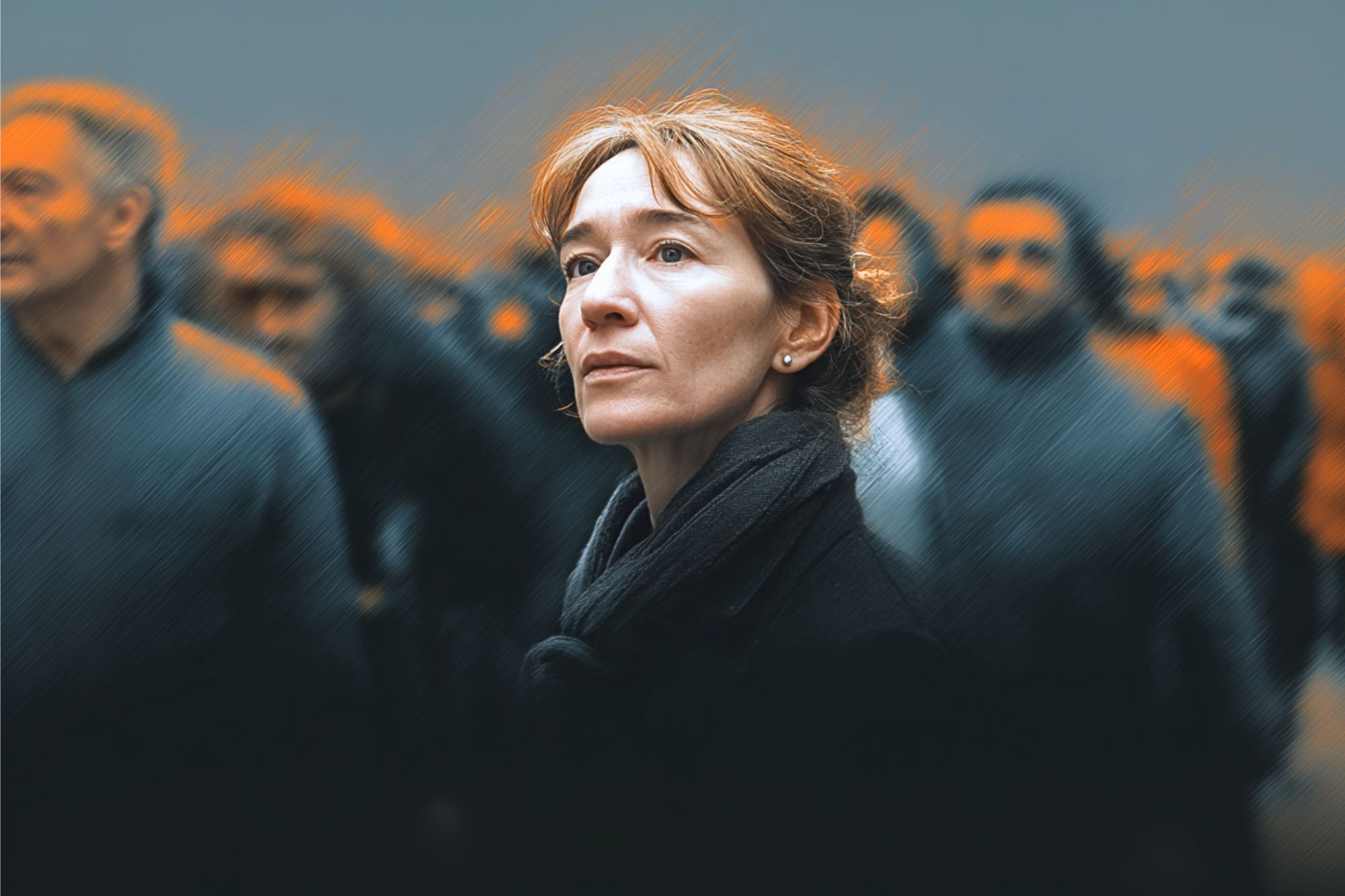 A woman with light brown hair and a black scarf looks upward with a thoughtful expression, standing among a blurred crowd of people against a gray background with orange highlights.
