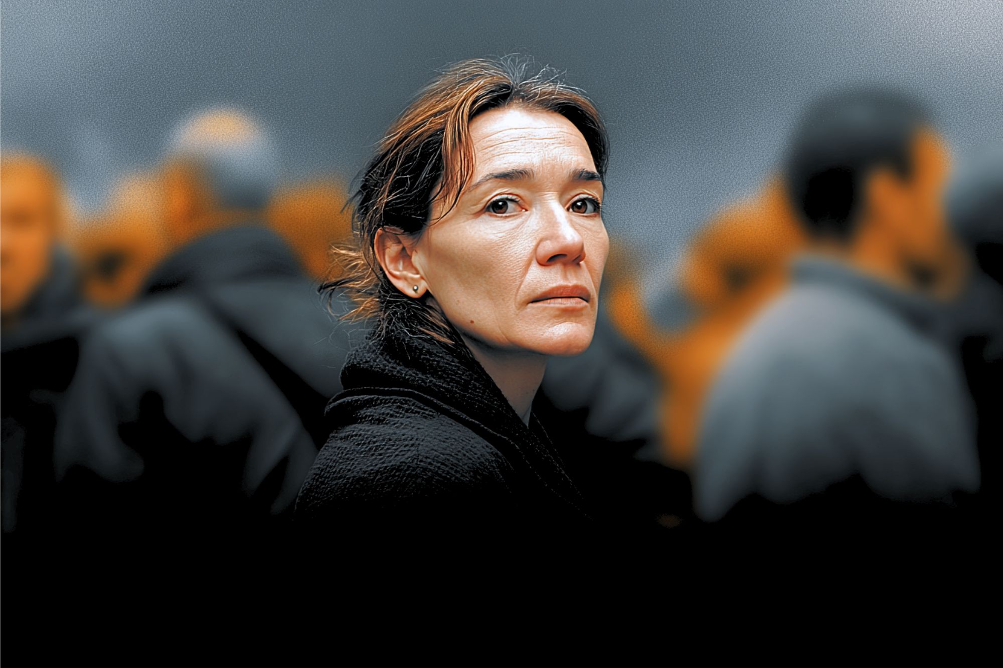 A woman with short brown hair and a serious expression stands in focus among a blurred crowd of people in dark clothing, with an orange and gray background.