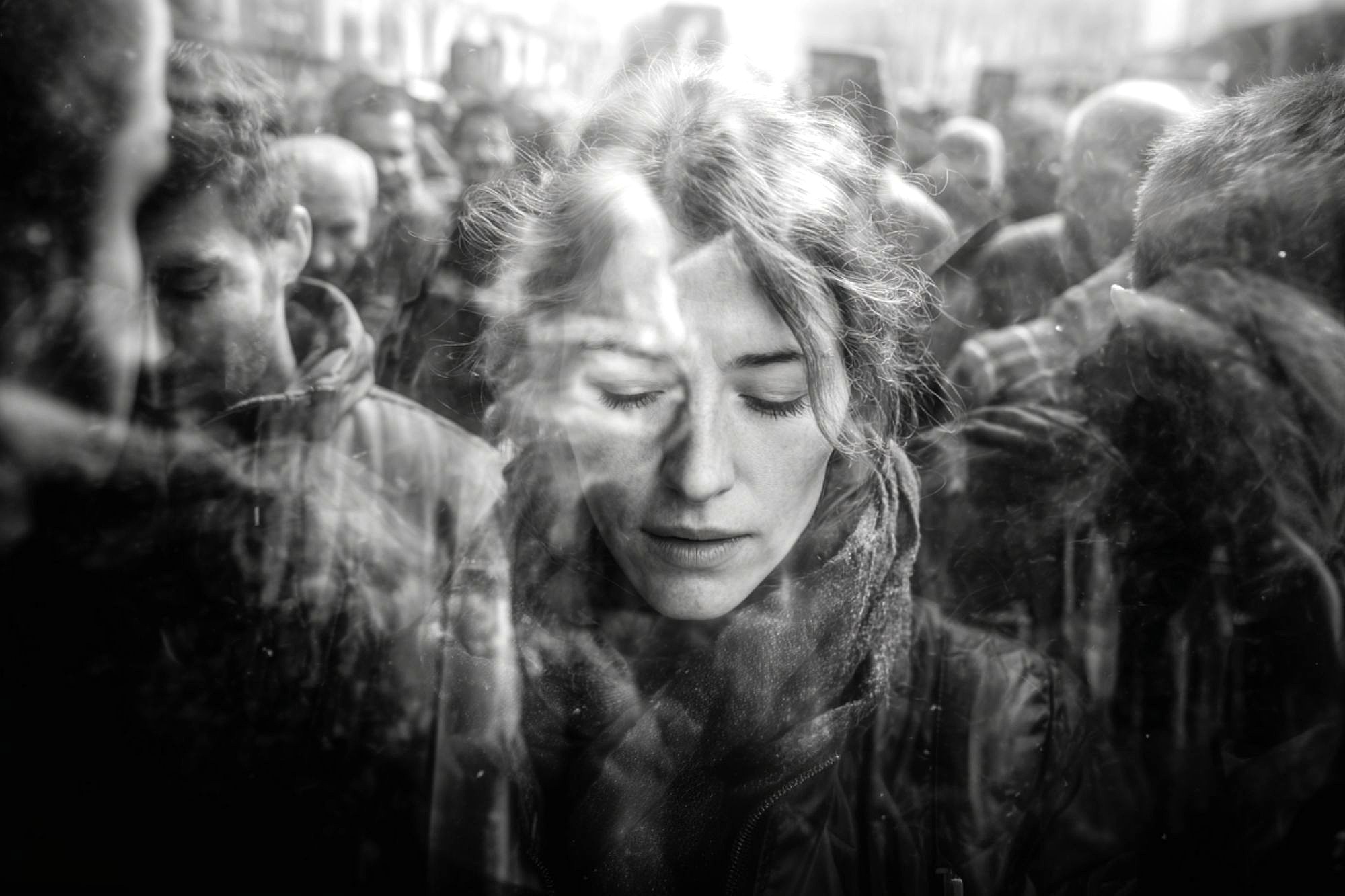 A black and white photo shows a woman with closed eyes standing amidst a crowd. The image is double-exposed, creating a dreamy, reflective effect with her face partially overlaid by other people.