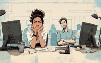 Two office workers sit at a cluttered desk, both looking frustrated and bored. The woman rests her chin in her hands, eyes rolled up, while the man leans back with arms crossed. Busy office environment in the background.