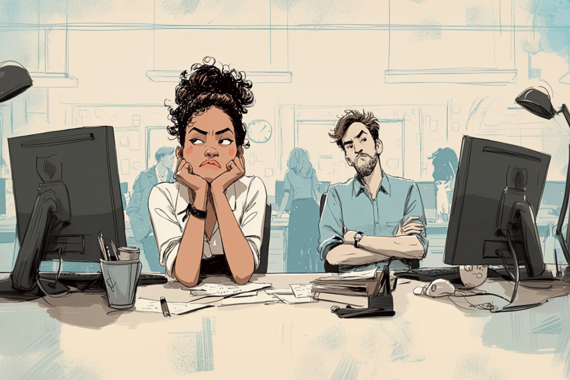 Two office workers sit at a cluttered desk, both looking frustrated and bored. The woman rests her chin in her hands, eyes rolled up, while the man leans back with arms crossed. Busy office environment in the background.
