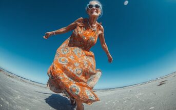 An older woman in a flowing orange dress joyfully runs on a sandy beach under a clear blue sky, smiling broadly and wearing white sunglasses.