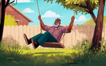 A smiling man with a beard enjoys sitting on a wooden swing in a sunny backyard, surrounded by green grass, trees, and a wooden fence.