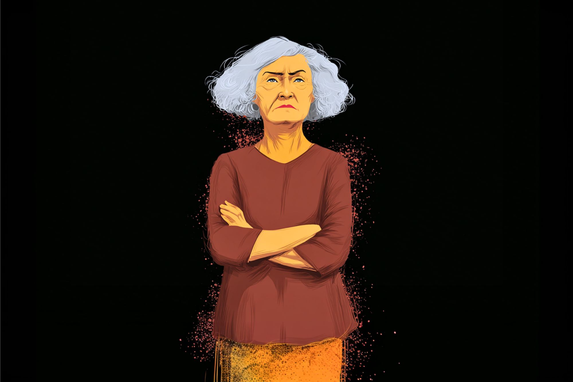 Digital illustration of an older woman with white hair, wearing a long-sleeved brown shirt, standing with arms crossed and a serious expression against a black background with orange particles around her lower half.