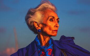 An elegant older woman with silver hair, wearing a blue coat, blue earrings, and a colorful scarf, looks confidently into the distance in warm, golden sunset light.