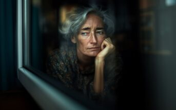 An older woman with gray hair gazes pensively out of a window, her chin resting on her hand. She appears thoughtful and somber, with soft indoor lighting and a blurred background behind her.