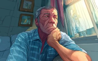 An older man with gray hair and a plaid shirt sits indoors, resting his chin on his hand and gazing thoughtfully out a sunlit window, with soft light casting shadows on his face.