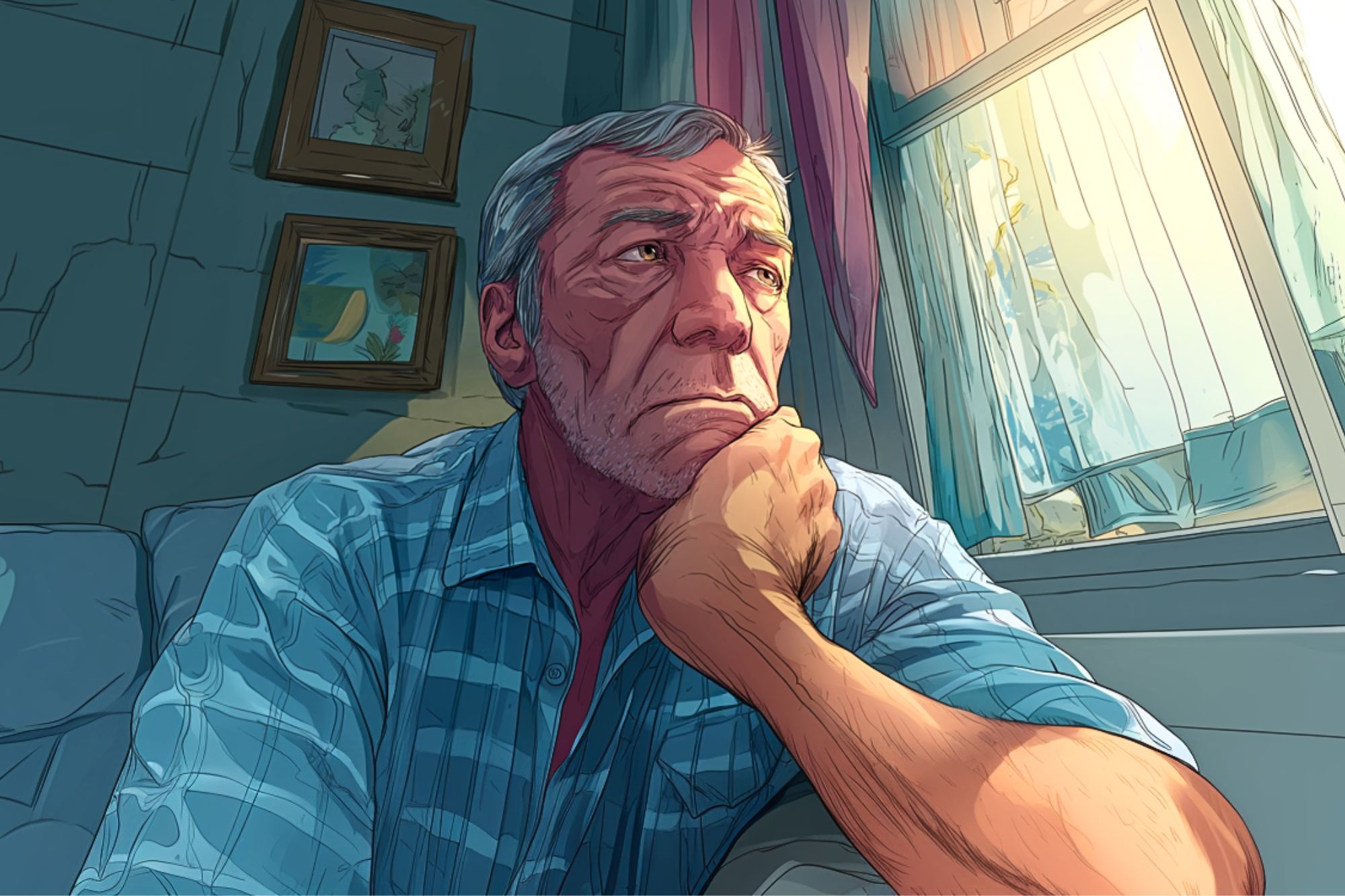 An older man with gray hair and a plaid shirt sits indoors, resting his chin on his hand and gazing thoughtfully out a sunlit window, with soft light casting shadows on his face.