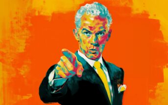 A colorful, stylized painting of a stern-faced man in a suit and yellow tie, pointing directly forward against a vibrant orange and yellow abstract background.