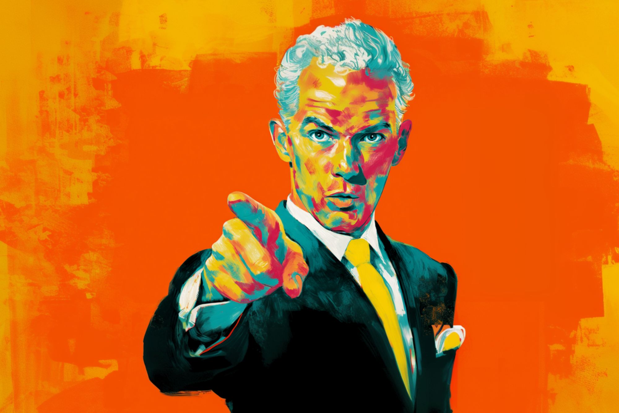 A colorful, stylized painting of a stern-faced man in a suit and yellow tie, pointing directly forward against a vibrant orange and yellow abstract background.