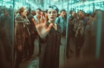 A woman in a black dress stands in a crowded, reflective space, reaching her hand towards the camera with a serious expression, while blurred people are visible in the background.