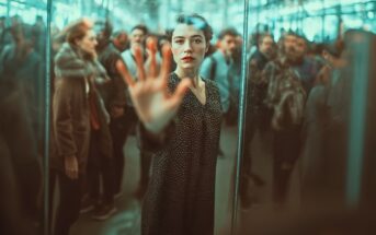 A woman in a black dress stands in a crowded, reflective space, reaching her hand towards the camera with a serious expression, while blurred people are visible in the background.