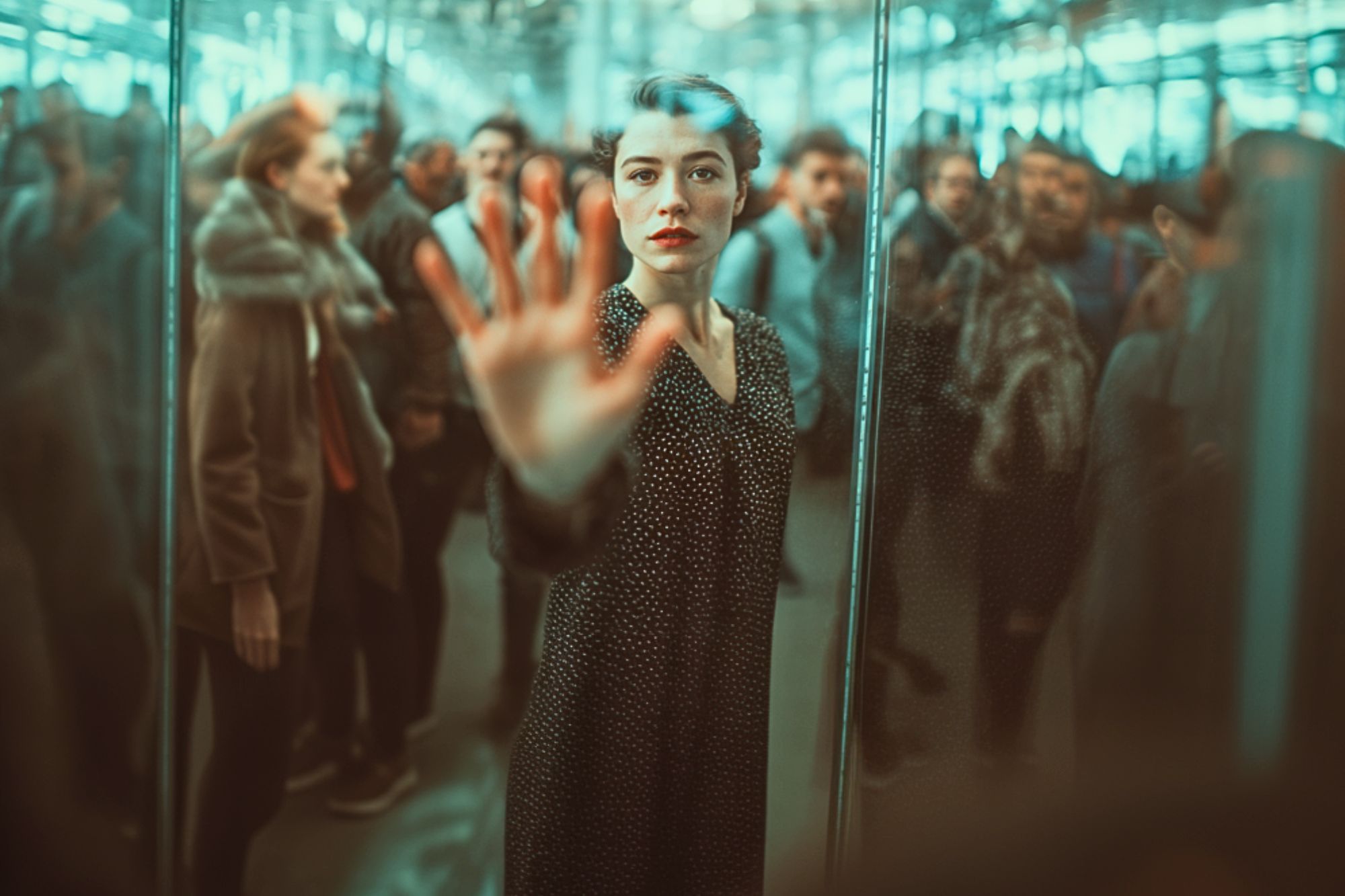 A woman in a black dress stands in a crowded, reflective space, reaching her hand towards the camera with a serious expression, while blurred people are visible in the background.