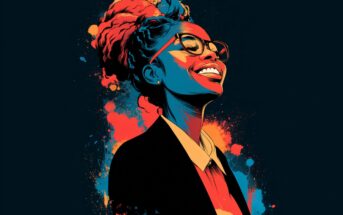 A stylized digital illustration of a smiling woman with glasses and curly hair, wearing a suit. The artwork uses bold splashes of red, blue, and orange on a dark background.