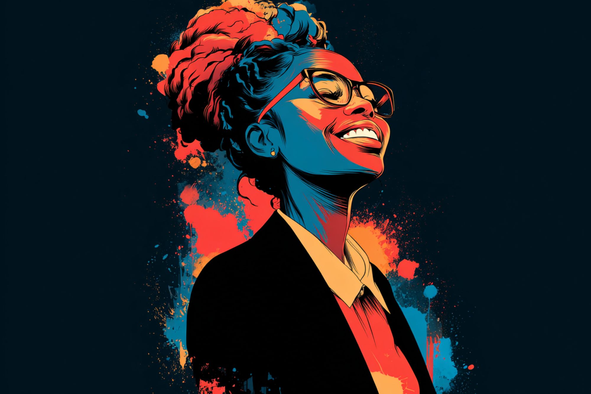 A stylized digital illustration of a smiling woman with glasses and curly hair, wearing a suit. The artwork uses bold splashes of red, blue, and orange on a dark background.