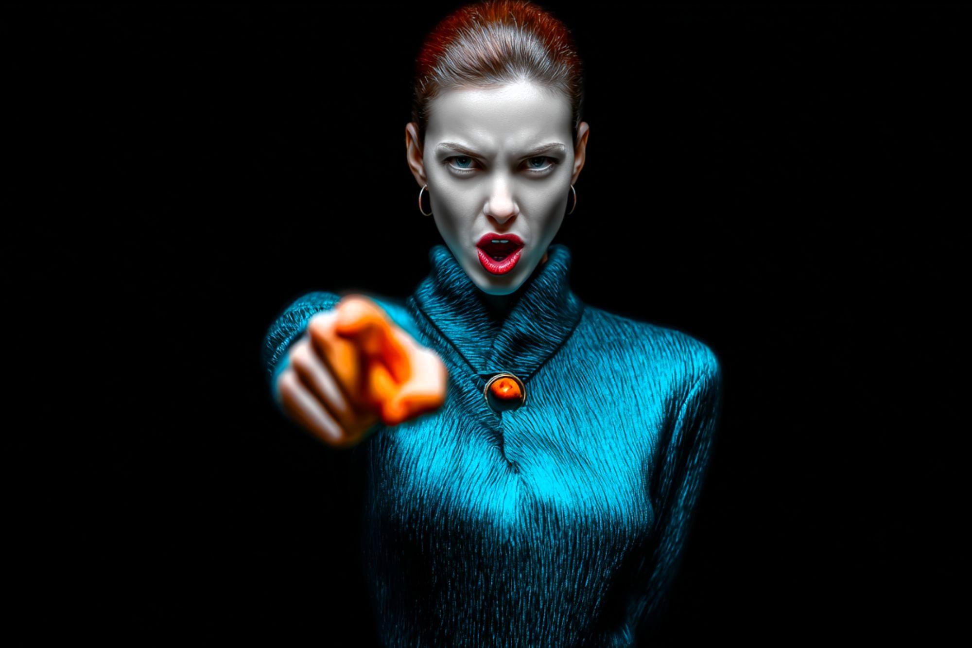 A woman with slicked-back hair and hoop earrings wears a textured blue sweater with a large button. She points directly at the camera, staring intensely with an open mouth against a black background.