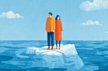 An illustration of a man and woman in orange coats standing together on a small floating iceberg, surrounded by blue ocean under a partly cloudy sky.