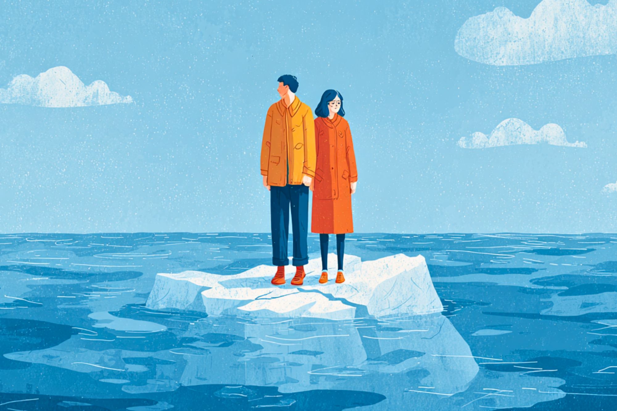 An illustration of a man and woman in orange coats standing together on a small floating iceberg, surrounded by blue ocean under a partly cloudy sky.
