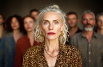 A confident older woman with wavy gray hair and gold hoop earrings stands in focus at the front, with a group of diverse adults blurred behind her, all facing forward against a neutral background.