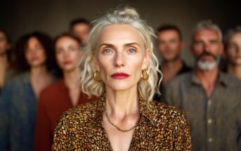 A confident older woman with wavy gray hair and gold hoop earrings stands in focus at the front, with a group of diverse adults blurred behind her, all facing forward against a neutral background.