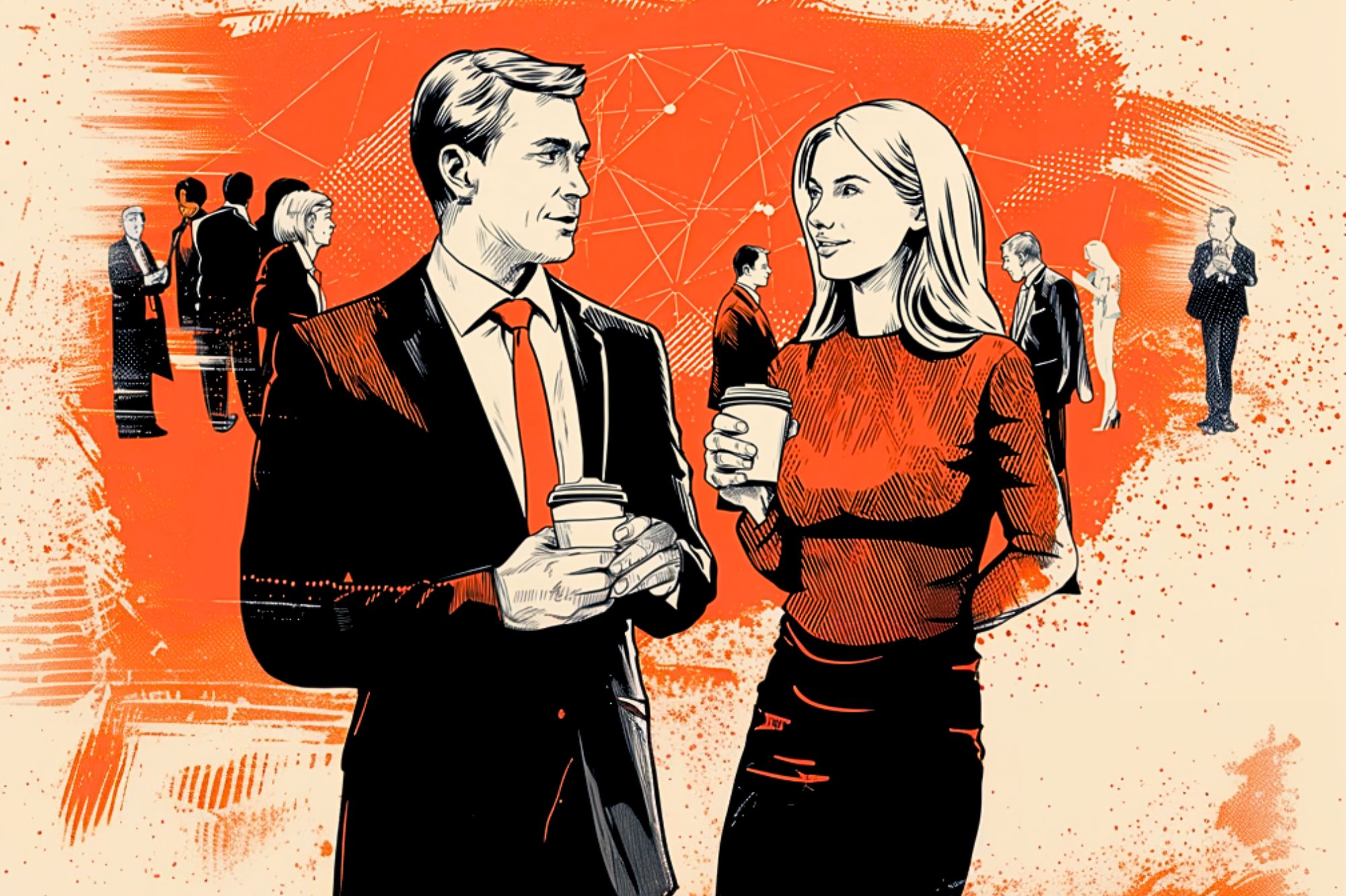 A man and woman in business attire hold coffee cups and converse, with groups of people networking in the background against an orange, abstract backdrop.