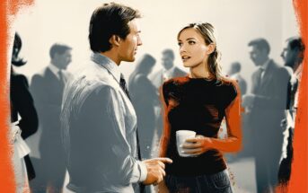 A man and woman stand facing each other, talking at a social gathering. The woman holds a cup, and people are mingling in the blurred background. The image has an artistic, painted effect with orange accents around the edges.