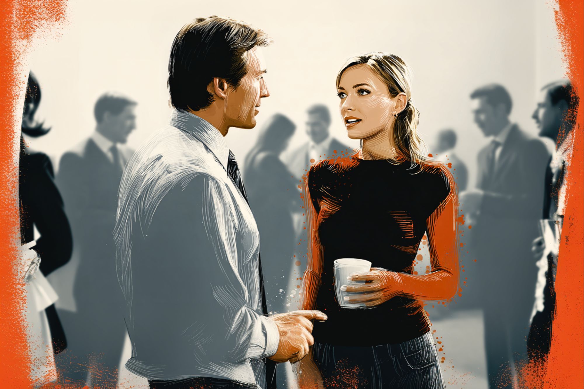 A man and woman stand facing each other, talking at a social gathering. The woman holds a cup, and people are mingling in the blurred background. The image has an artistic, painted effect with orange accents around the edges.