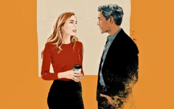 An illustrated woman holding a coffee cup talks to a man in a suit against an orange and beige background; his lower body appears to dissolve into the background.