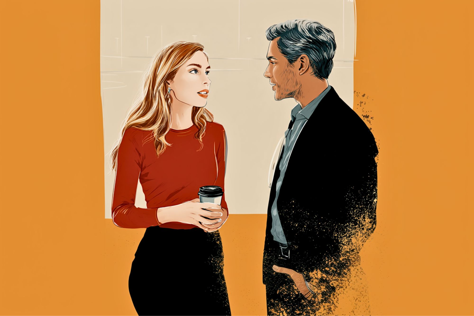 An illustrated woman holding a coffee cup talks to a man in a suit against an orange and beige background; his lower body appears to dissolve into the background.