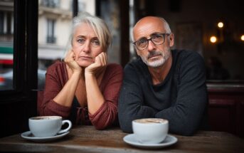 An older woman and man sit side by side at a café table with two cups of coffee, looking thoughtfully at the camera. The setting is cozy and softly lit, with a window showing buildings outside.