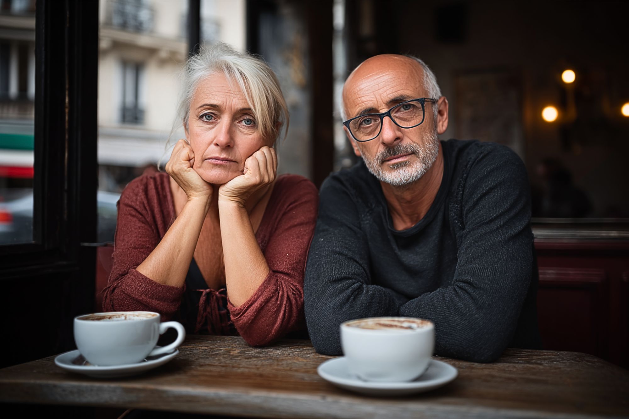 An older woman and man sit side by side at a café table with two cups of coffee, looking thoughtfully at the camera. The setting is cozy and softly lit, with a window showing buildings outside.