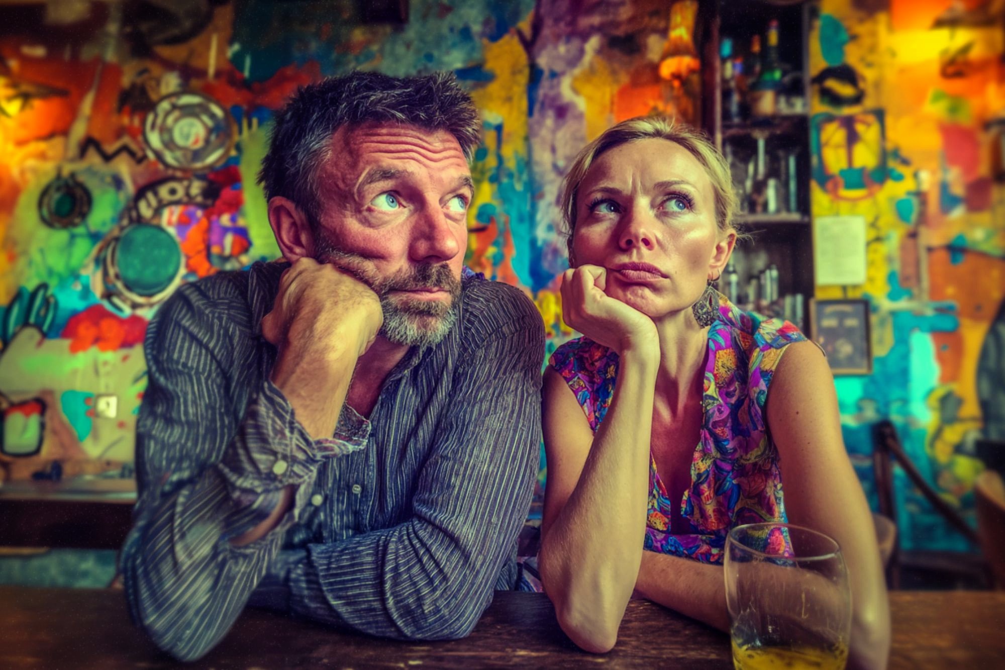 A man and woman sit side by side at a bar, both resting their heads on their hands and gazing in different directions with bored or thoughtful expressions. The background is colorful and abstract.