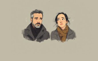 A digital illustration of a man with gray hair and beard wearing a dark coat, and a woman with dark hair in a ponytail wearing a coat and scarf. Both look uncertain, glancing sideways against a plain background.