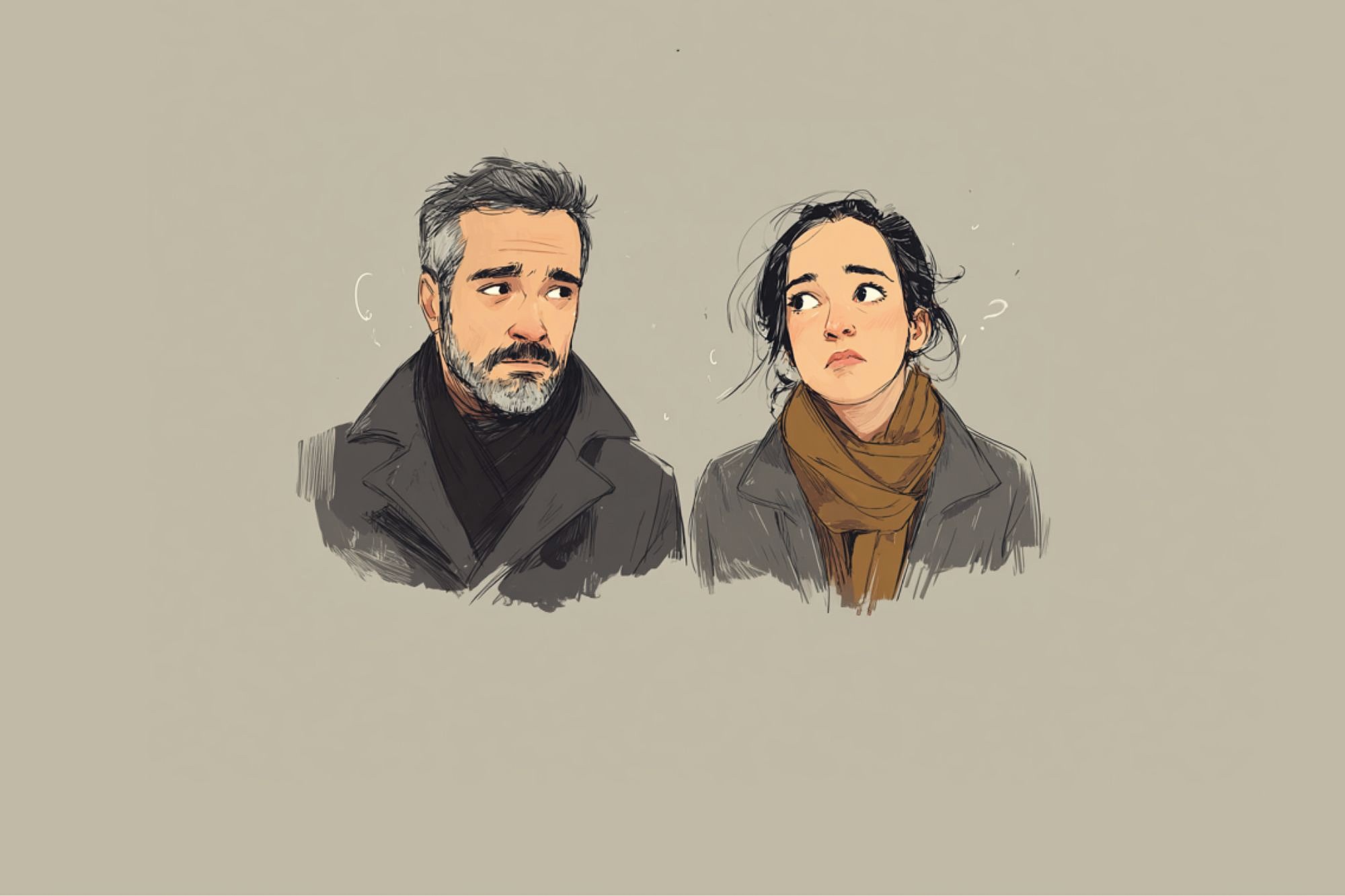 A digital illustration of a man with gray hair and beard wearing a dark coat, and a woman with dark hair in a ponytail wearing a coat and scarf. Both look uncertain, glancing sideways against a plain background.
