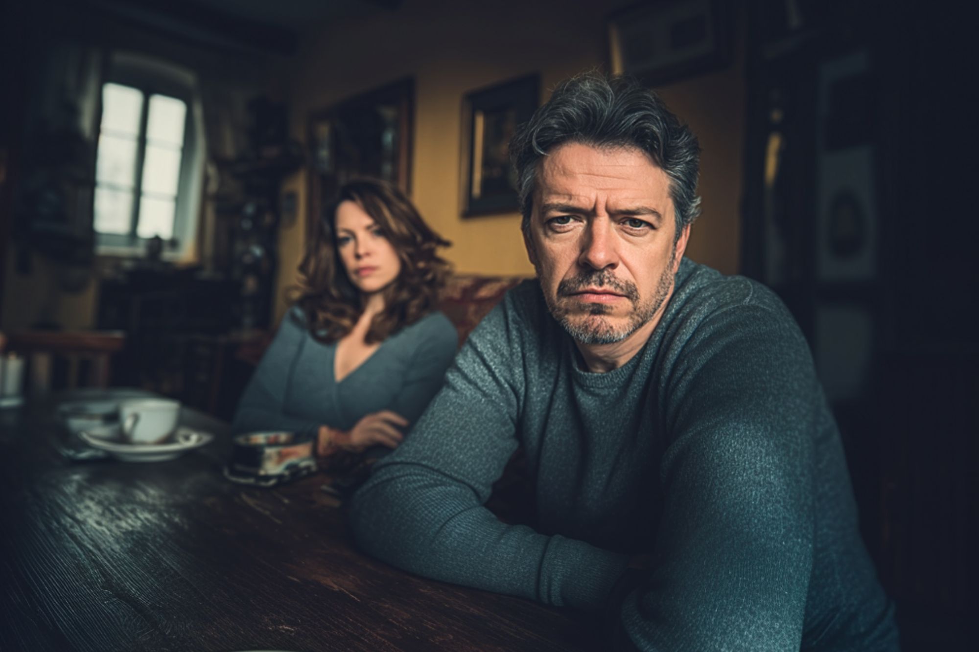 A middle-aged man and woman sit at a wooden table in a dimly lit room, both looking serious and contemplative. The man sits in the foreground, while the woman is slightly behind him.