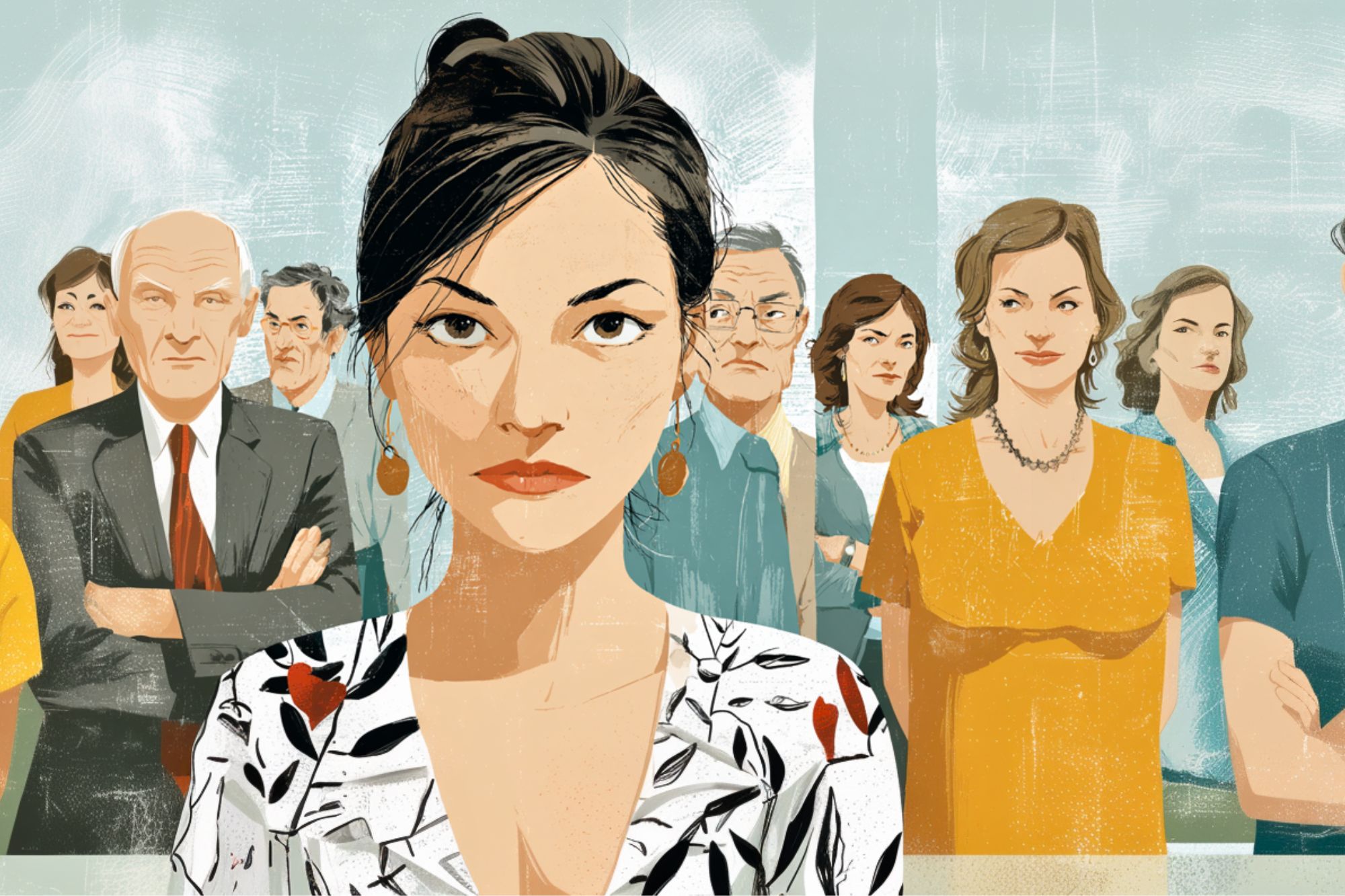 Illustration of a serious-looking woman in a floral blouse standing at the front of a diverse group of men and women, all with focused expressions, against a muted indoor background.