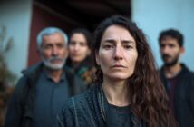 A woman with long brown hair stands in focus at the front, looking serious, while three people stand behind her slightly blurred, all with somber expressions in an outdoor setting.