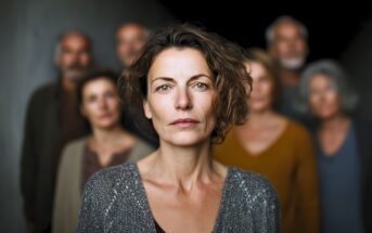 A woman with short brown hair and a serious expression stands in focus at the front, with a group of men and women blurred in the background against a dark backdrop.