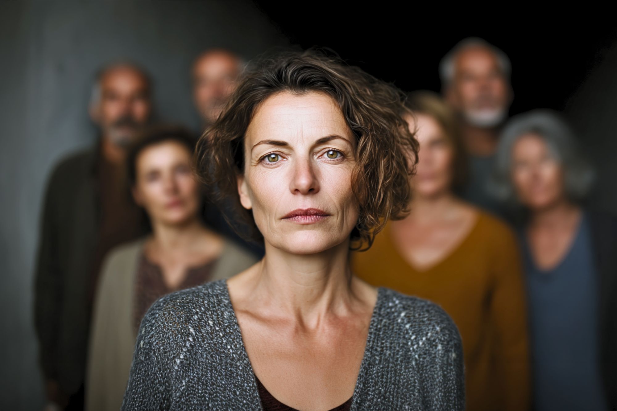 A woman with short brown hair and a serious expression stands in focus at the front, with a group of men and women blurred in the background against a dark backdrop.