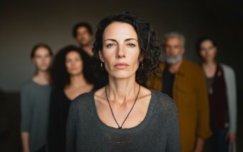 A woman with curly dark hair stands in focus at the front, with a serious expression. Five people stand behind her, slightly out of focus, against a plain, dark background.