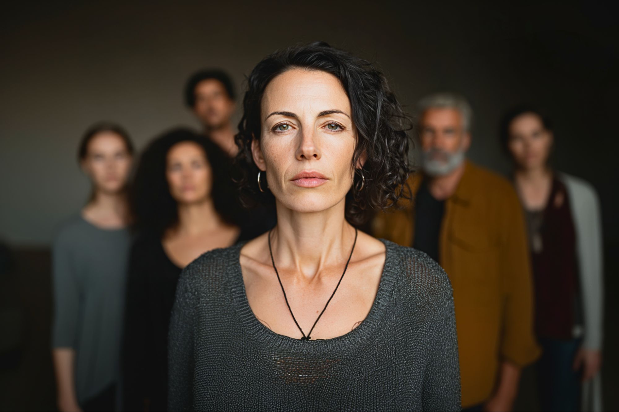 A woman with curly dark hair stands in focus at the front, with a serious expression. Five people stand behind her, slightly out of focus, against a plain, dark background.
